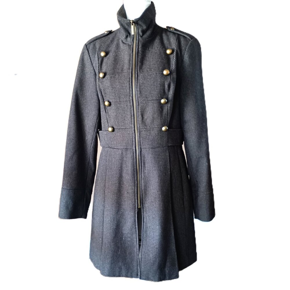 Decree Y2K Wool Blend Military Coat Jacket Knee Length Large Front ZipUp Pockets